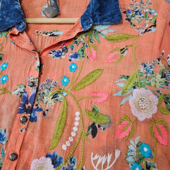 Arrata Silent Journey Boho Embroidered Floral Orange Top With Velvet Collar - Picture 7 of 8